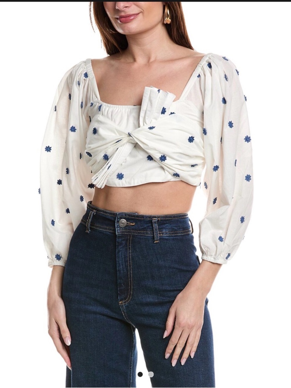 Farm Rio Blue Floral Crop Top XL White Tropical Boho Resort Coastal Summer